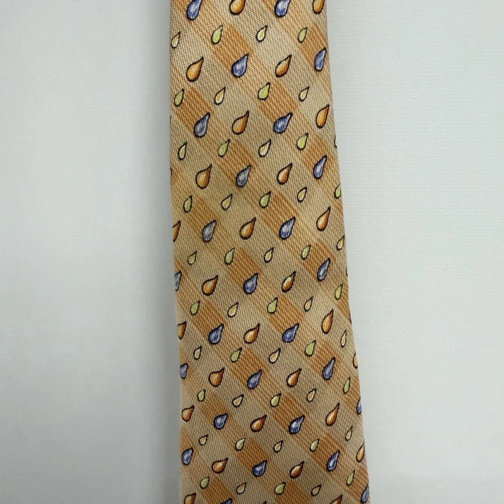 Hermes Mens Tie Rain Drops Orange 100% Satin Silk 7907 MA 3.5